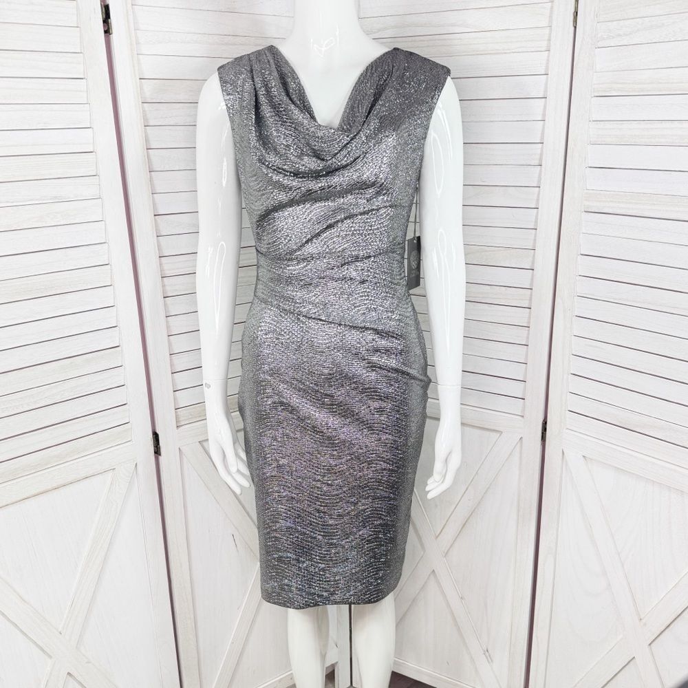 Vince Camuto Metallic Shimmer Drape Neck Sleeveless Sheath Dress Silver‎ 2